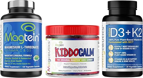 Magtein Magnesium L-Threonate 120 cápsulas, Magceutics KIDDOCALM Gummies para niños 90 cápsulas, vitamina D3 K2 con MCT 30 cápsulas - Paquete