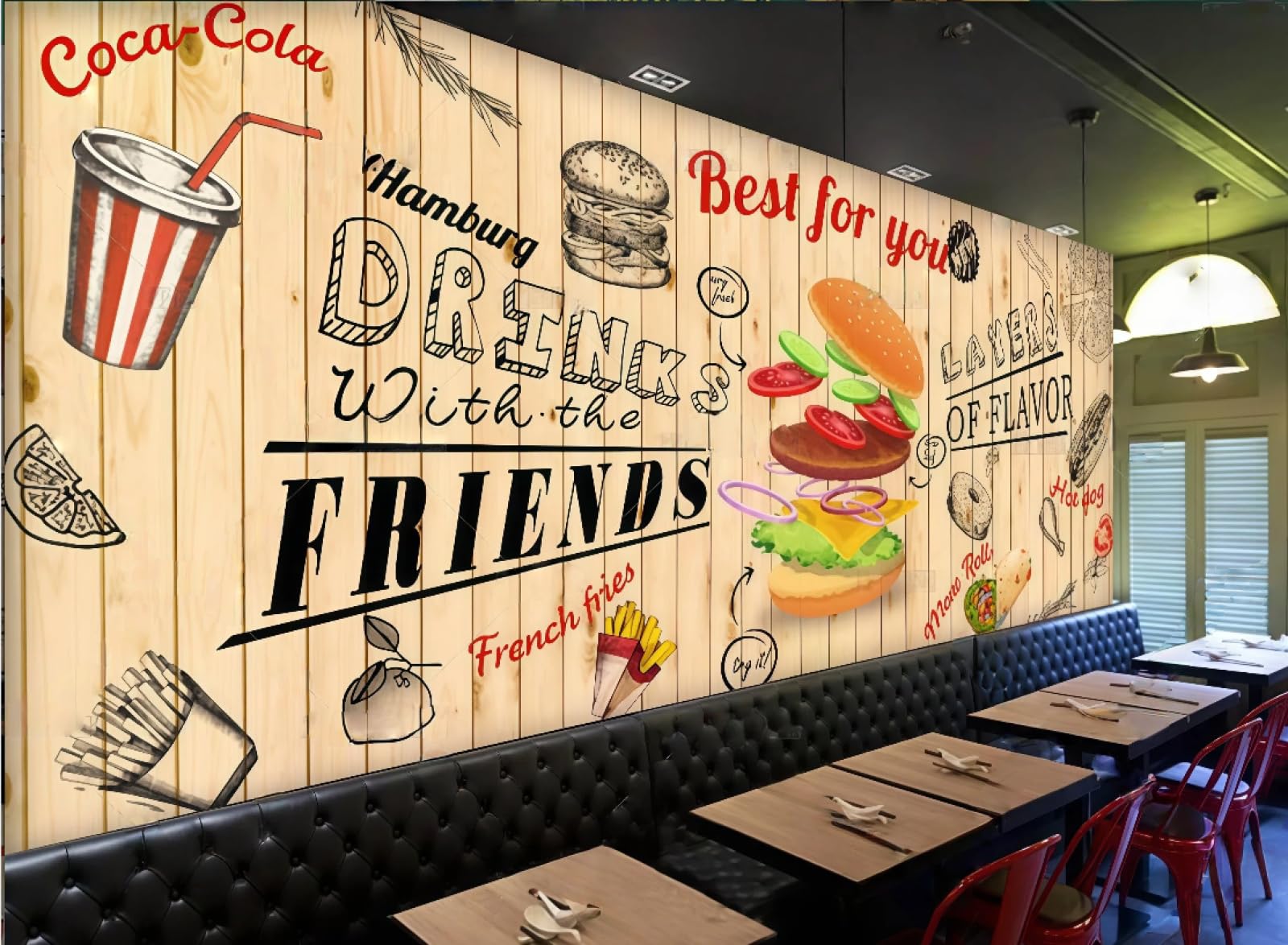 XDOUBAO Wallpaper Board Hand-Painted Burger Fast Food Snack Bar Theme Afternoon Tea Western Restaurant Background Wall Wallpaper Coffee Shop Mural,3D,150x105cm