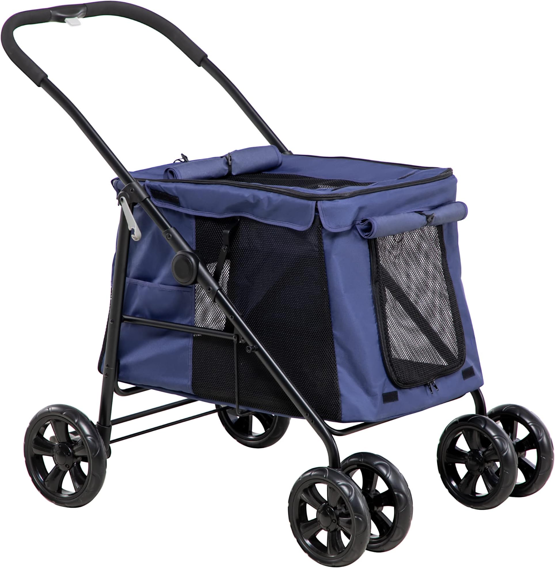 PawHut Dog Pram Dog Stroller 4 Wheels Pet Pushchair with Rolling Door, Cushion, Safety Leashes, for Small and Medium Breeds, Dark Blue