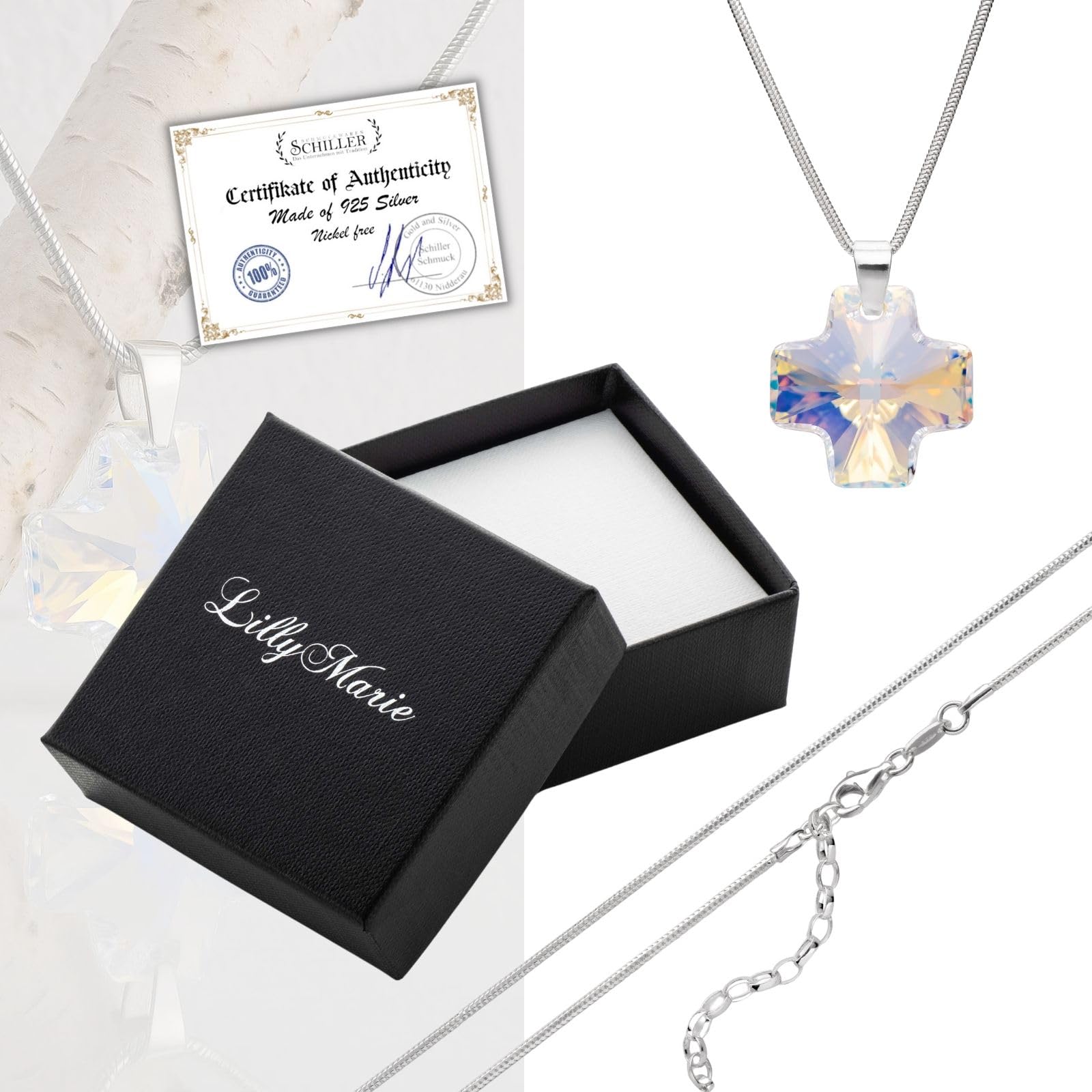 LillyMarie Damen Halskette Mit Verstellbarem Sterling-Silber Schlangenkette Und Kristall-Kreuz-Anhänger