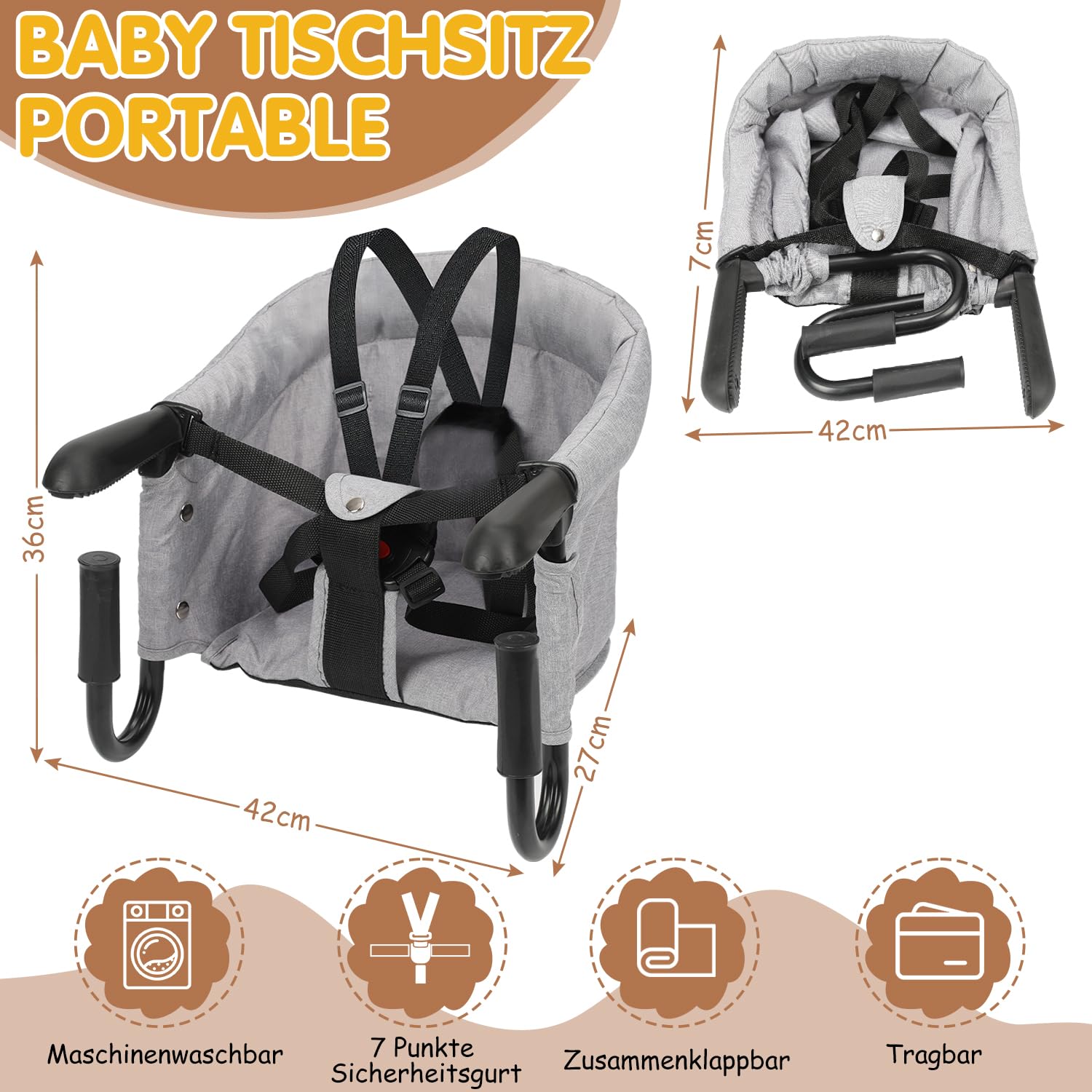Tischsitz Baby, Faltbarer Kindersitz, mit Tragetasche | für zu Hause und unterwegs, Belastbarkeit 18kg, Grau