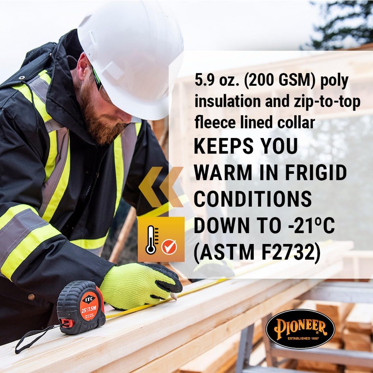 Pioneer Waterproof CSA High-Visibility Winter Safety Parka, 28º C Insulation, Multi-Pockets & Lightweight, Black, M, V1150170-M