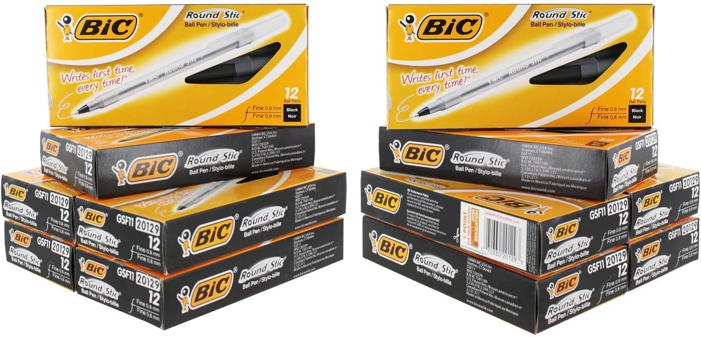 BIC Round Stic Ball Pen, Fine Point, 0.8 mm, Black Ink, Pack of 144 (GSF11BK)