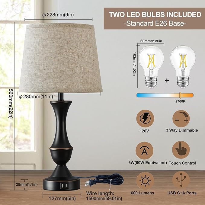 Luvkczc Upgraded Touch Table Lamps Set of 2, 22" Tall Bedside Lamps with USB C+A Ports, 3 Way Dimmable Nightstand Lamps for Bedroom, Living Room, Office, Black Lamp with Beige Lampshade, Bulb Included photo 5