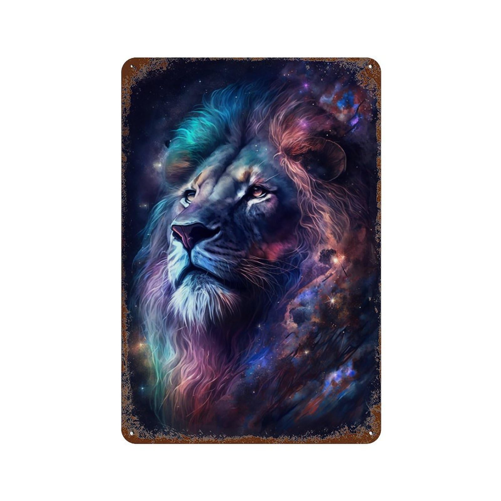 Cosmic Lion Portrait Artwork-3 Weathered Tin Sign 11.8"x7.9", Rustic Home Decor for Garage, Bar And Workshop Decor