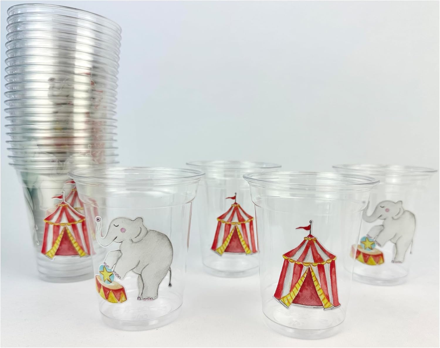 Circus Party Cups, Clear Plastic 12oz, 24 Count, Big Top Tent and Elephant Design