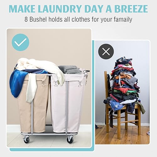 Miniatura 3 de PLKOW Carrito de lavandería con ruedas, clasificador de lavandería grande de 280 litros, 2 secciones para comercialhogar, carrito de lavandería con