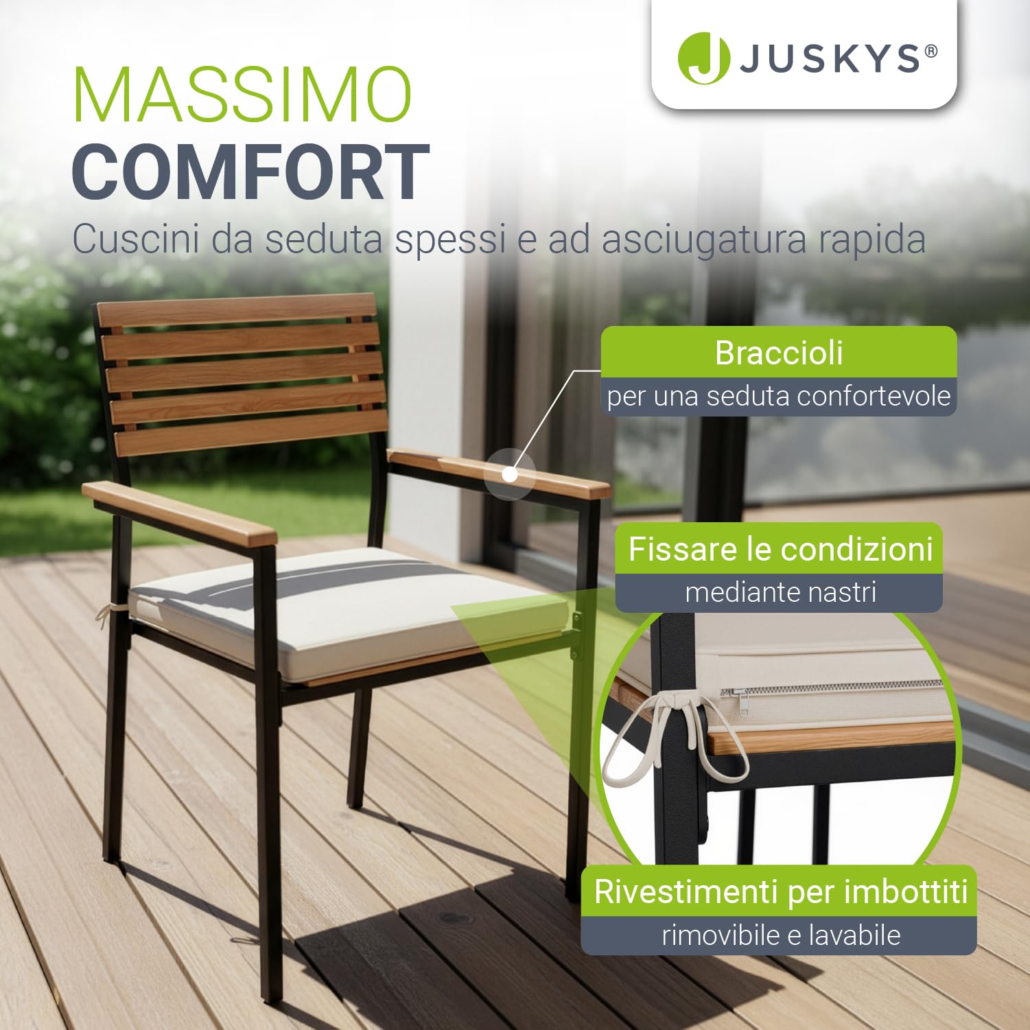 Juskys set di mobili da giardino Rhodos con legno di acacia - Tavolino, 4 sedie e cuscini - Set da cinque pezzi per terrazzo e ambienti esterni - Legno naturale e nero