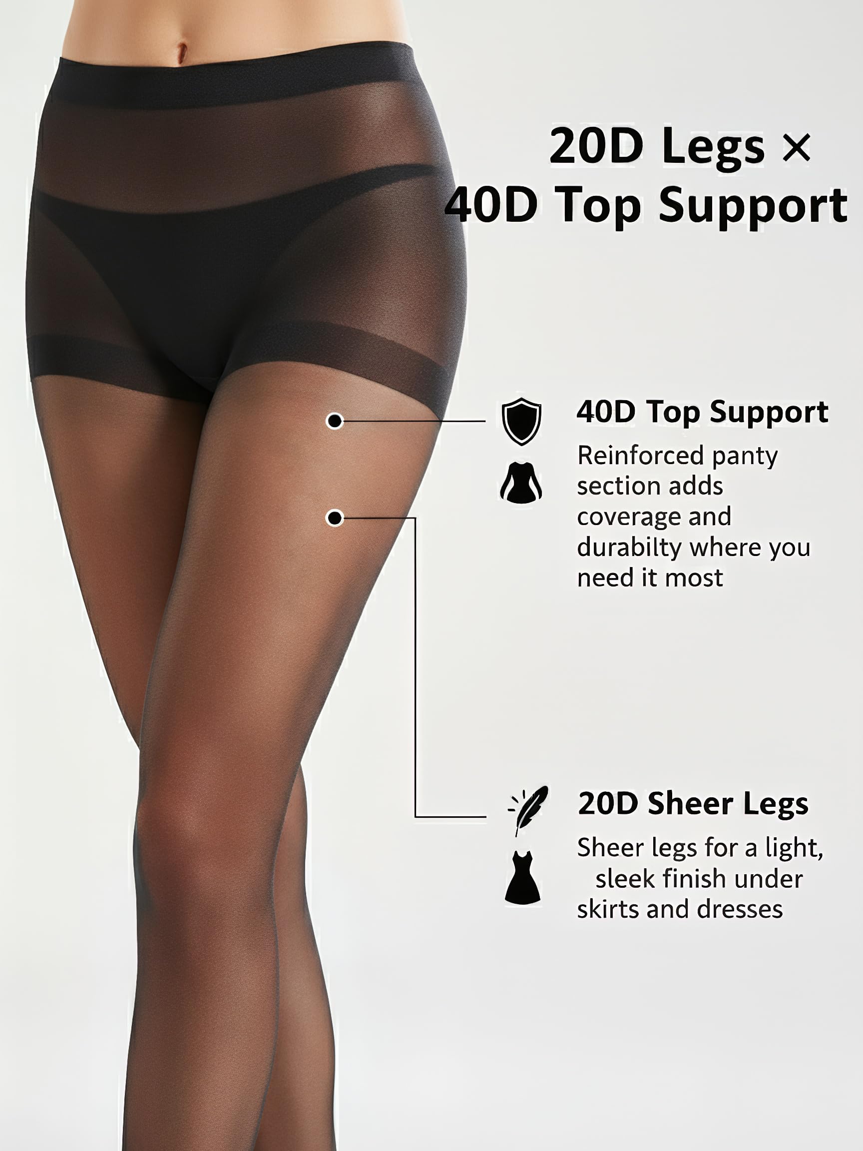 Sheer Tights for Women, 20D Legs, 40D Reinforced Top, Run-Resistant Knit, High-Stretch Waist, Reinforced Toes