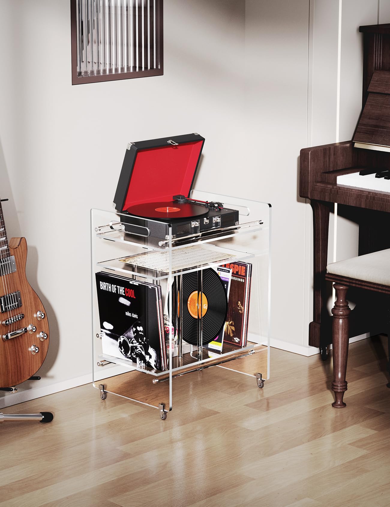 Acryl Beistelltisch, Plattenspielerständer, Schallplattentisch, Vinyl-Magazin-Aufbewahrungsregal mit 3 Ebenen, Beistelltisch mit Rädern (transparent, groß)