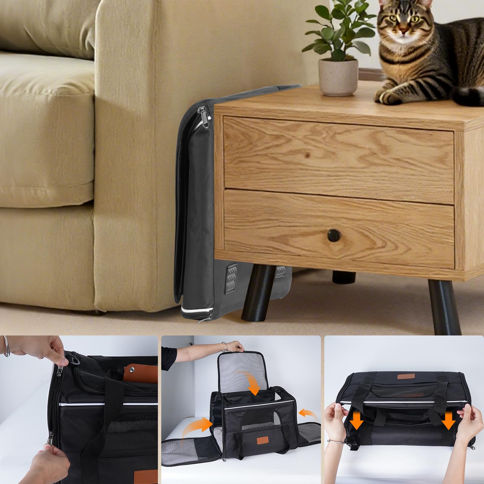 Faltbar Transportbox Katzen, Katzentransportbox mit Sicherheit Reißverschlüsse, Napf, Wendekissen, Katzen Transportboxen für kleine bis mittelgroße Katzen und Welpen bis 7 kg