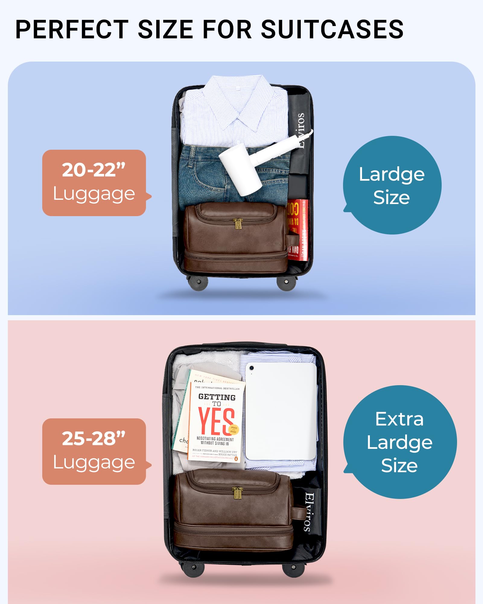 Elviros Beauty case da uomo in pelle PU, organizer da viaggio con gancio per appenderlo, grande borsa da toeletta resistente all'acqua (caffè)
