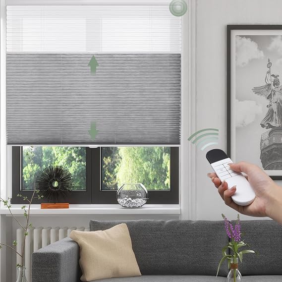 Zshine Motorized Day Night Dual Cellular Shades Honeycomb 38mm Fabric Window Shades Customize (Blackout 93023C Grey)