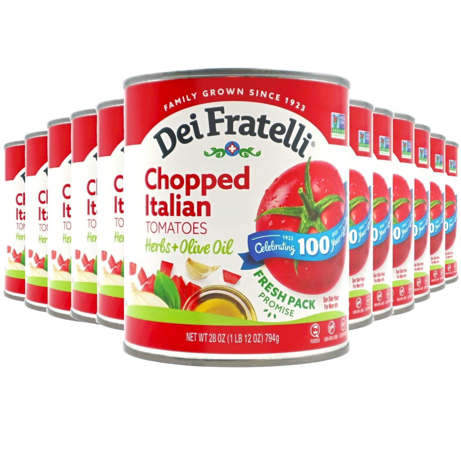 Dei Fratelli Chopped Italian Tomatoes with Herbs and Olive Oil - Vine-Ripened – Non GMO, Gluten-Free (28 oz. Cans, 12 pack)