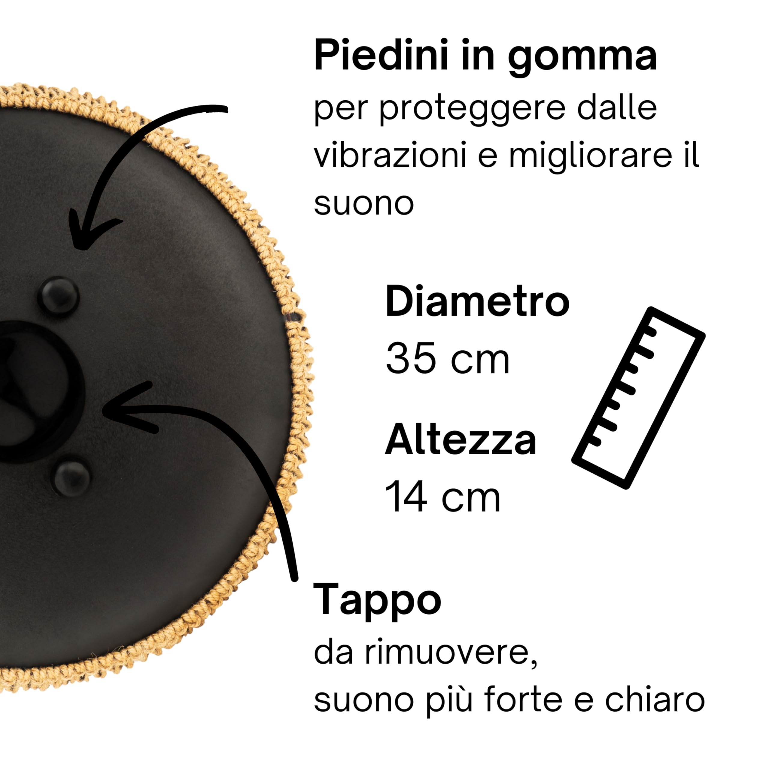 tamburo a lingua d'acciaio 'Premium' in Do Maggiore, nero - 35 cm con 15 note - steel tongue drum con canzoniere, mazzuoli, fingersticks e borsa da trasporto. Senza leggere le note.