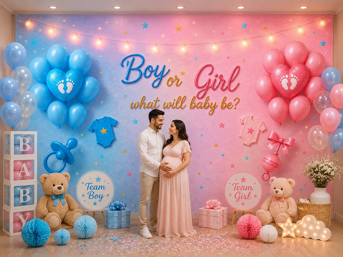 ZENDA CLUB Toile de Fond Gender Reveal Grand Format 480 x 240 cm – Backdrop Professionnel Girl Or Boy Rose et Bleu – Décoration Baby Shower, Révélation Sexe Bébé