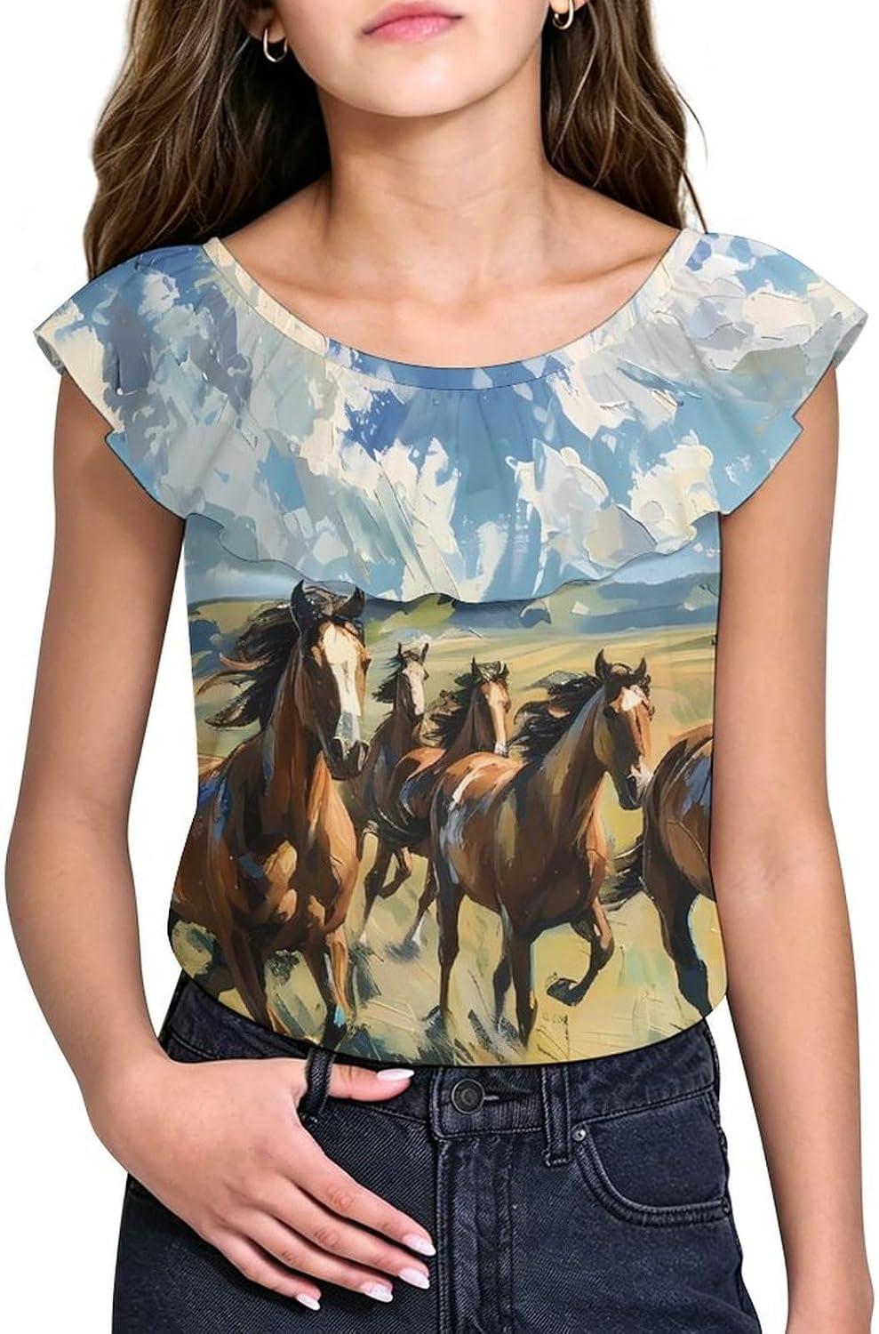Wild Horses Galloping Girls T-Shirts Top Ruffle Short Sleeve Blouse Casual Graphic Tees