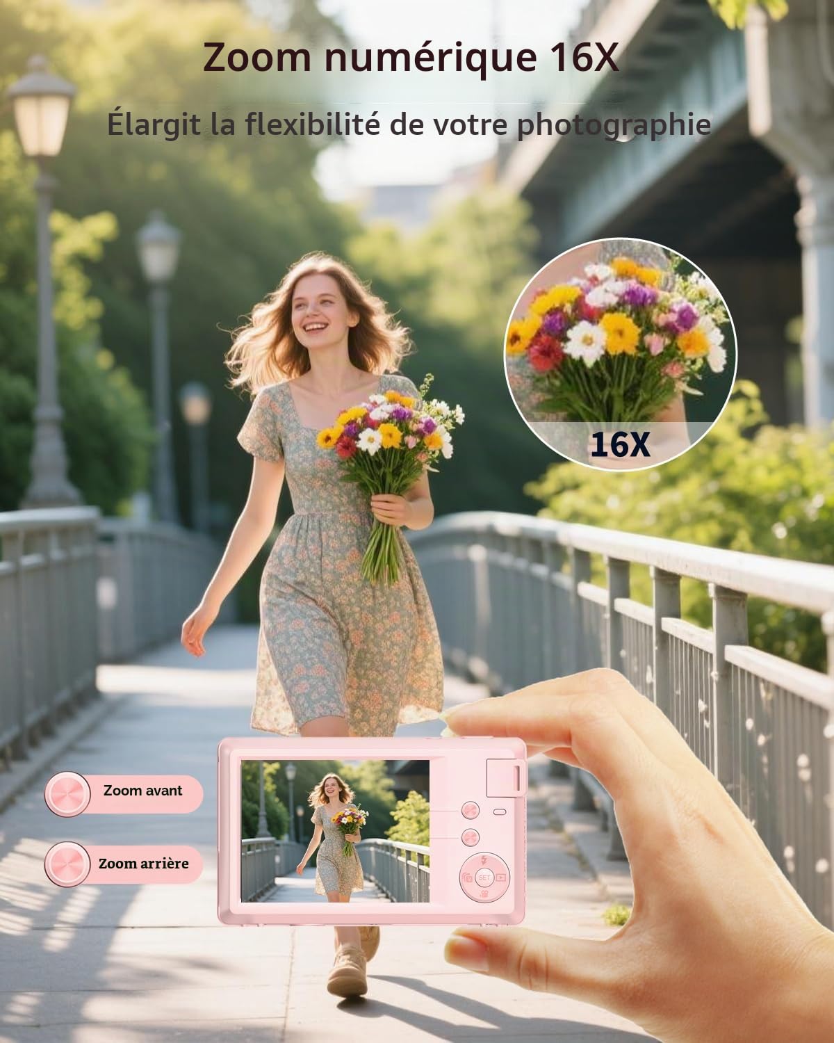 Longyi Appareil Photo numérique 4K 48 MP avec Carte SD 32 Go, Zoom numérique 16x, Appareil Photo Compact avec câble USB, Sac Portable pour Enfants, débutants, Adolescents et étudiants - Rose