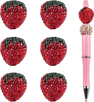 6pcs Rhinestone Strawberry Beads for Pens Fancy Focal Beads for Beadable Pens Beadable Keychains Making