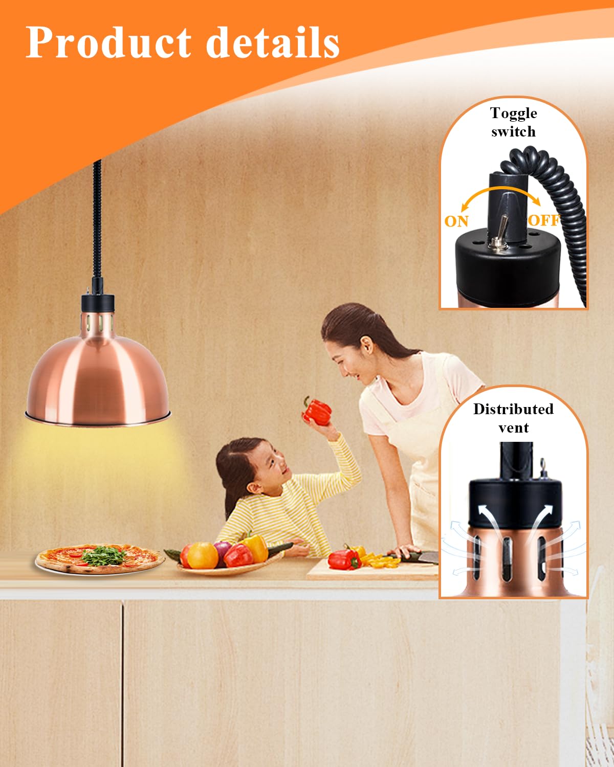 YJINGRUI Lampada termica per alimenti sospesa, confezione da 2 pezzi, con portata telescopica, 60-180 cm, per buffet, cucina, ristorante (bronzo)
