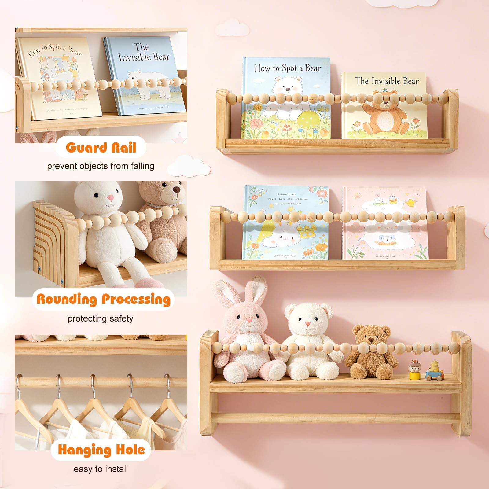 Étagères Murales en Bois Lot de 3, 40cm Bibliothèque Montessori Rangement Cadres Livre, Étagère Flottante pour Bureau Chambre Chambre et Cuisine