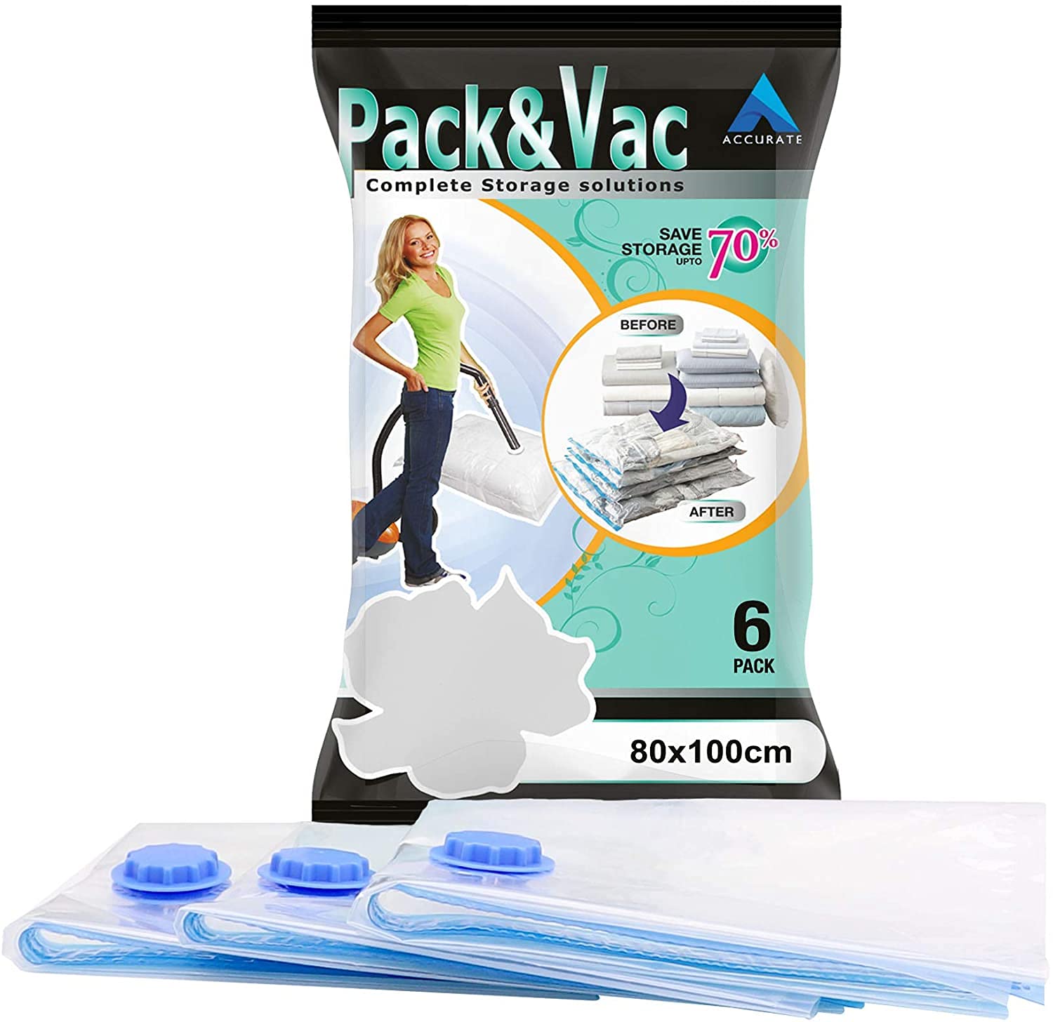 Accurate Blue Pack Of 6 Vacuum Compressed Storage Bags, Mould Moisture And Bug Proof, Double Zip High Sealing Triple Air Leak Patent Valve For Maximum Compression Jumbo(80X100cm)