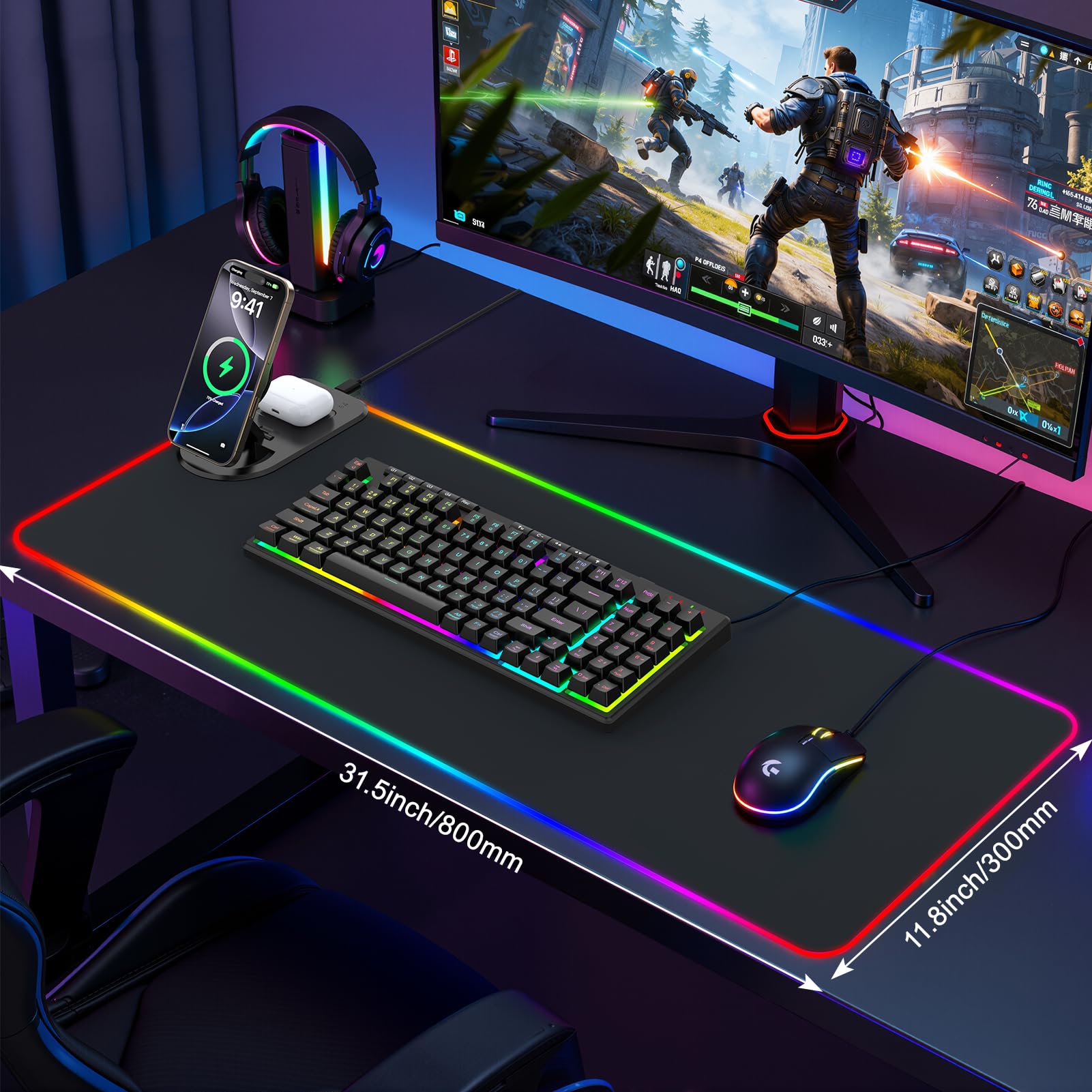GIM Alfombrilla de mouse RGB de carga inalámbrica de 15 W, alfombrilla de mouse LED de 800 x 350 x 4 mm, 10 modos de luz, alfombrilla de mouse extra grande, base de goma antideslizante, alfombrilla de