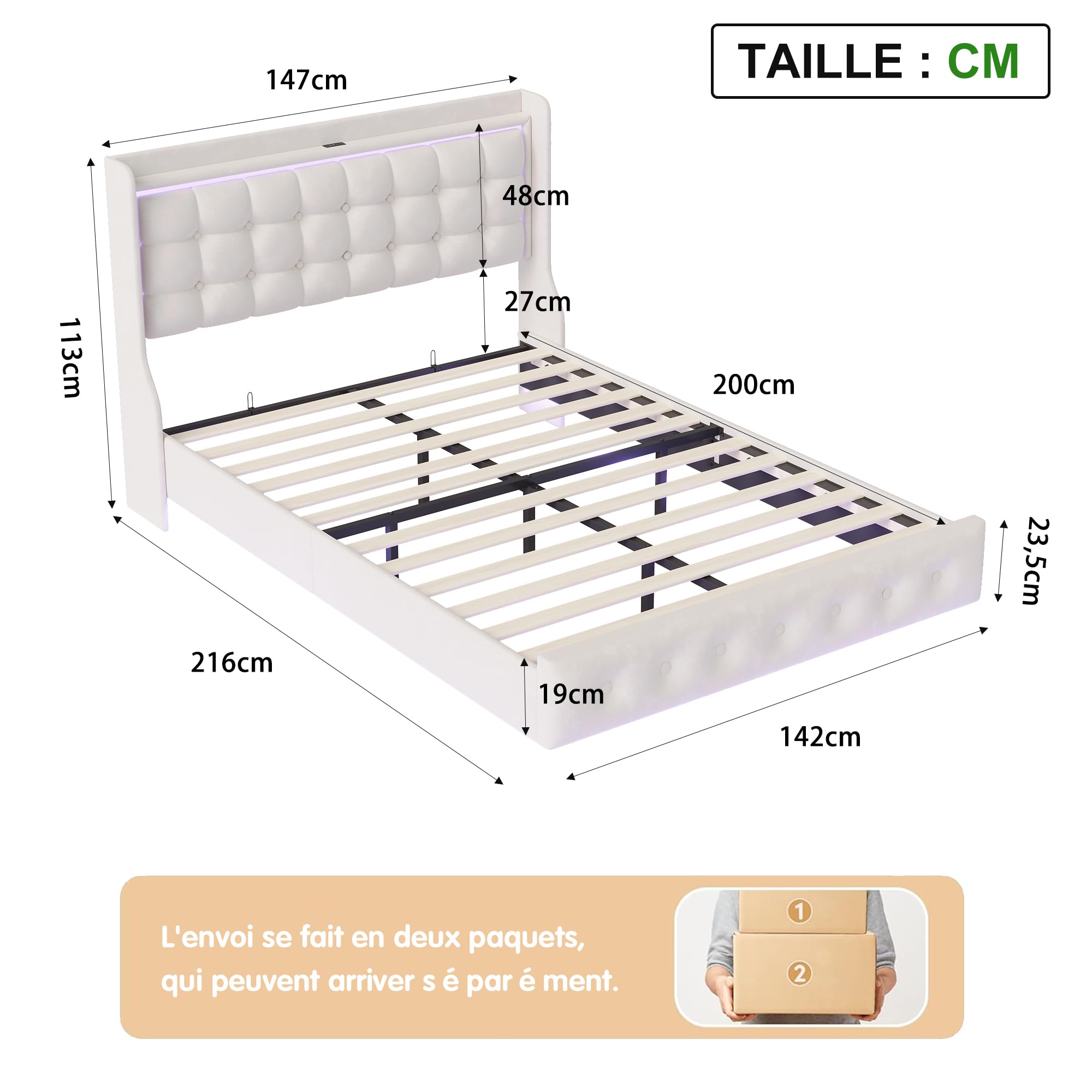 Letto imbottito con effetto galleggiante, LED RGB e porte USB integrate, letto matrimoniale 140 x 200 cm con testiera e rete a doghe in tessuto velluto