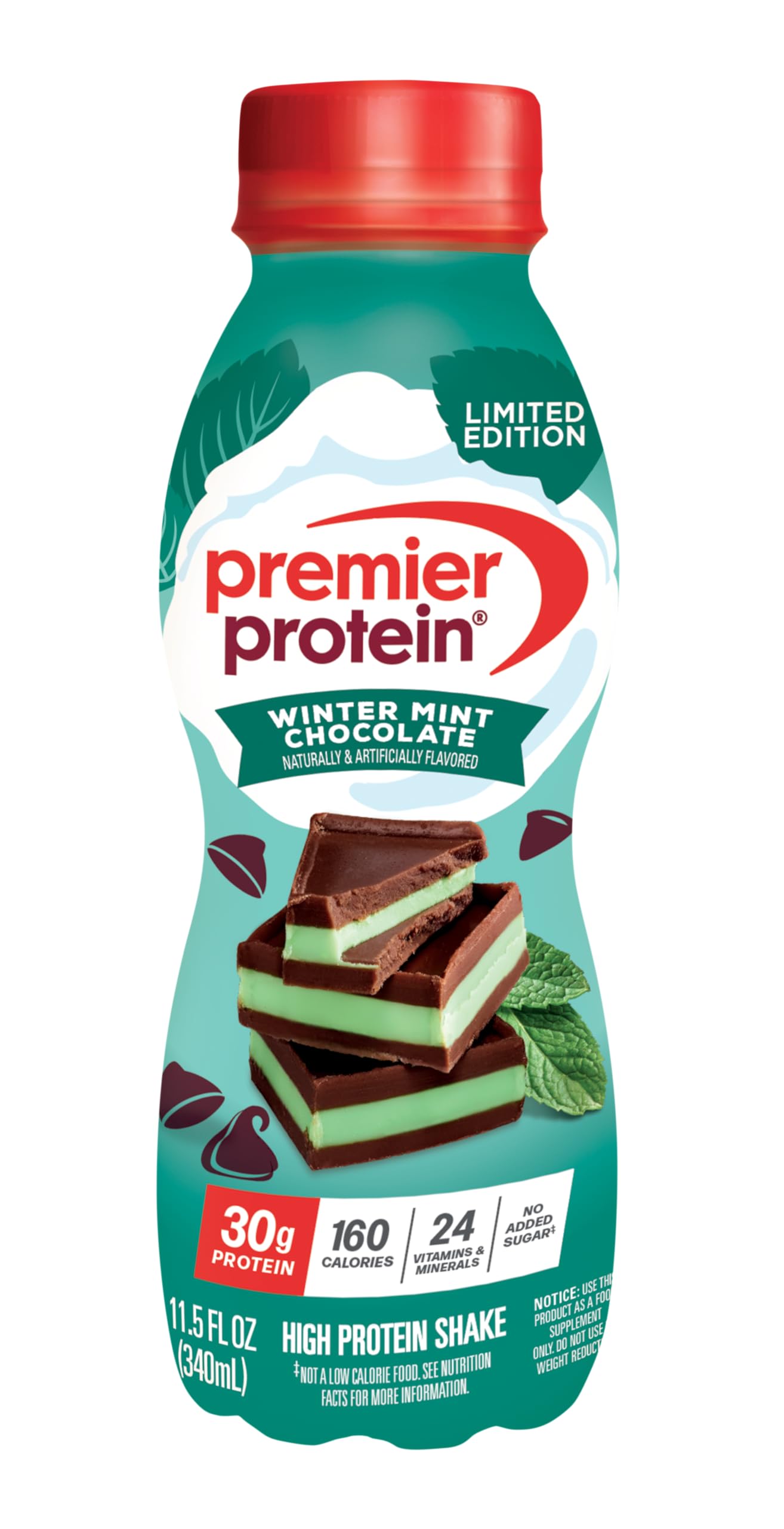 Premier Protein Shake, Limited Edition Winter Mint Chocolate, 30g Protein, 1g Sugar, 24 Vitamins & Minerals, Nutrients to Support Immune Health, 11.5 Fl Oz, Single Bottle