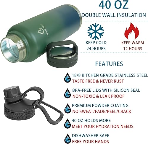 Miniatura 2 de Botella de agua deportiva de 24324064 onzas con tapa de pajilla, a prueba de polvo, 3 tapas, acero inoxidable aislado al vacío, termo simple,