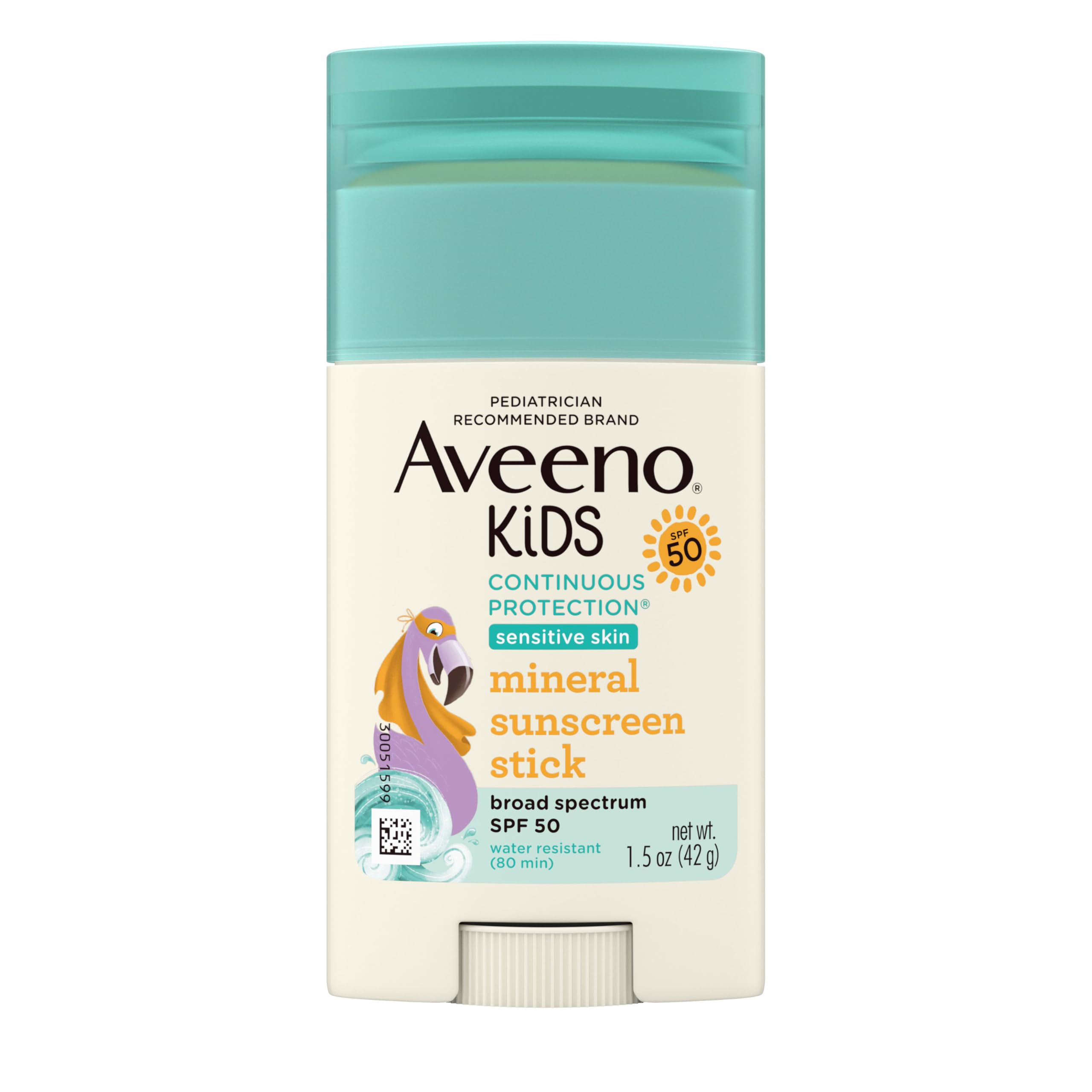 Aveeno Kids Continuous Protection Zinc Oxide Mineral Sunscreen Stick for Sensitive Skin, Face & Body Sunscreen Stick for Kids with Broad Spectrum SPF 50, Sweat- & Water-Resistant, 1.5 oz