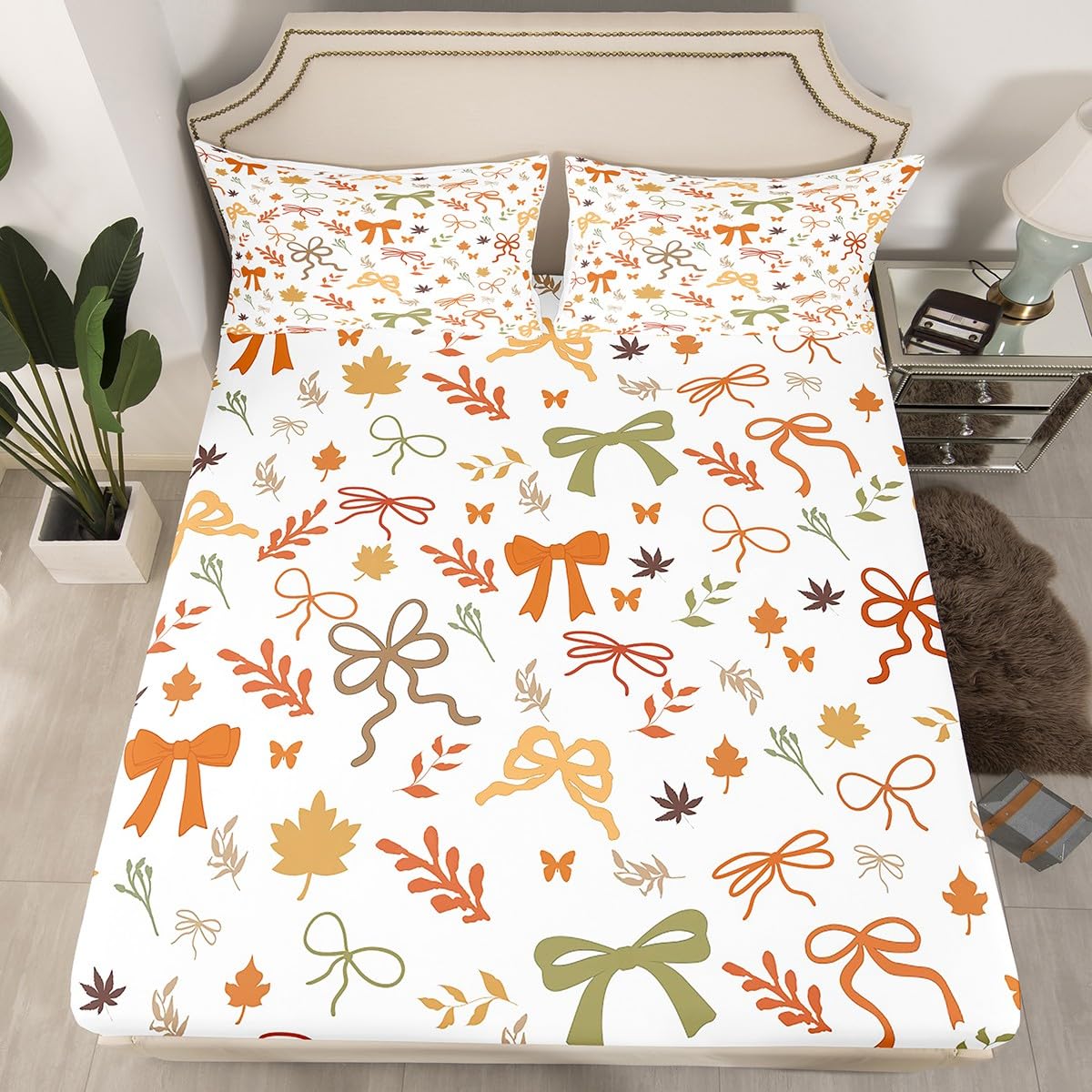 Fall Style Bow Fitted Sheet Full Size,Orange Green Bowknot Bedding Sets 3Pcs for Kids Girls Boys Women Room Decor,Palm Leaves Bed Cover Rustic Boho Deep Pocket Sheets,2 Pillowcases