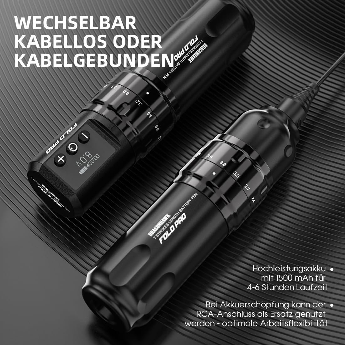 Dragonhawk Tattoo Maschine Set Fold Pro Kabelloser Tattoo Maschine Gun with 2 Batteries mit 7 Hübe 2.4-4.2mm 20 Stück Tattoo Nadeln für Linien und Sharding