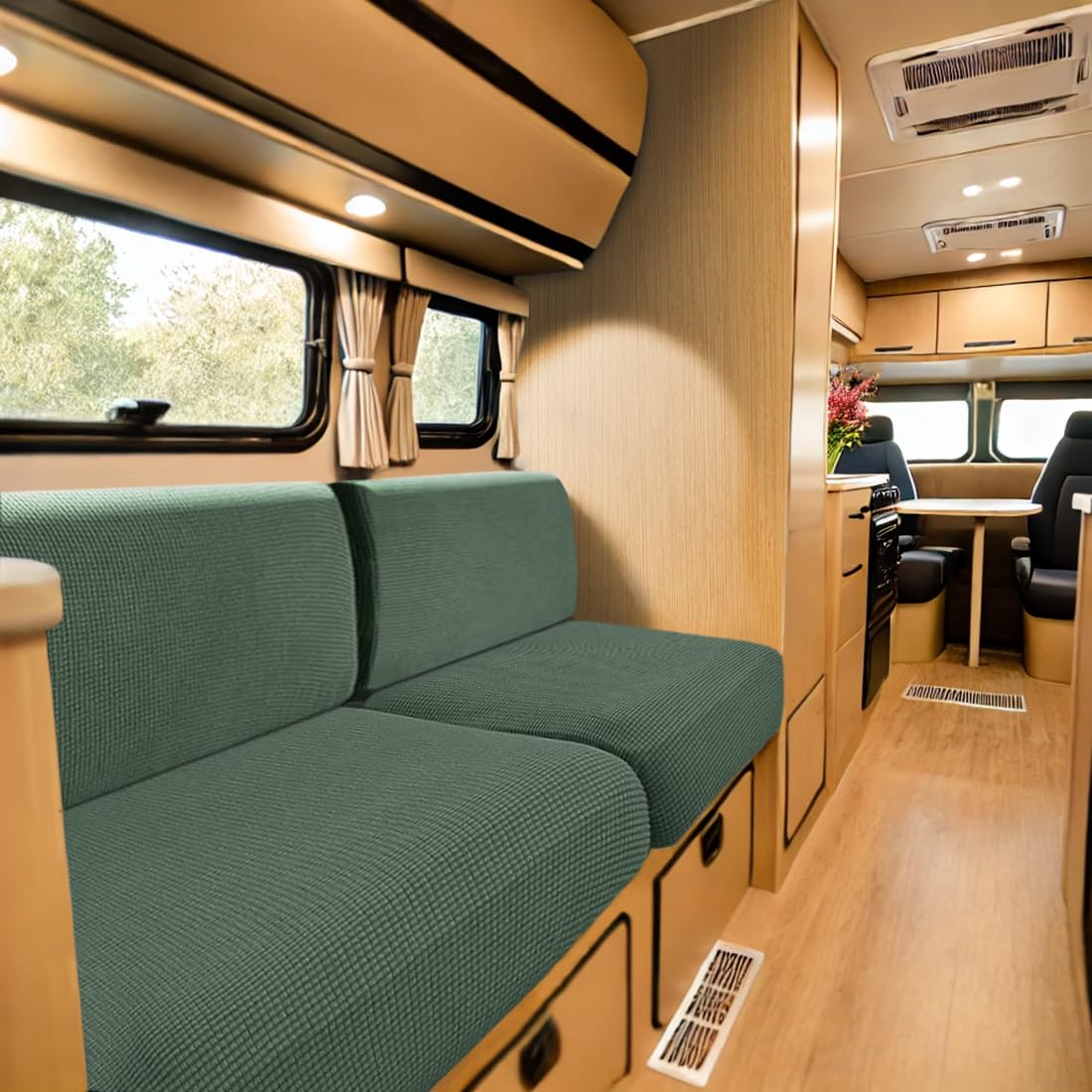 SYLC Caravan Seat Cover Stretch Jacquard, Non-slip RV Dinette Cushion Covers with 2 Straps, Couch Cushion Covers for Camper Sofa Bench (Green,W 145-185 cm, D 45-65 cm) — image 1
