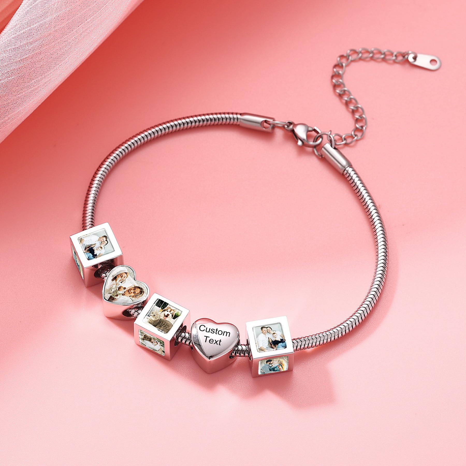 MeMeDIY Personalisierte Foto Charm Perle Passend für Armbänder/Halsketten für Damen 925 Sterling Silber Personalisierter Herz/Quadrat Charm Hält 1/4 Bild Liebesperlen Geschenke für Frauen und Familien