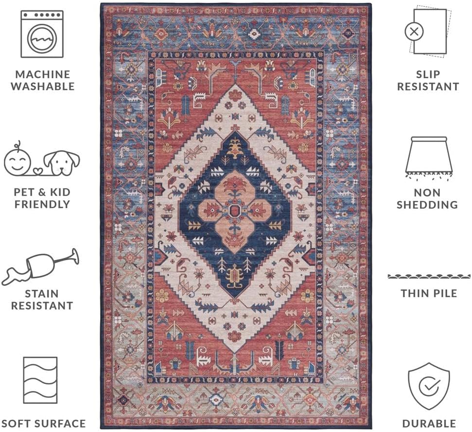 SAFAVIEH Washable Rug Tucson Collection - 2'6" x 4', Rust & Blue, Slip Resistant & Easy to Clean, Ideal for Living Room, Bedroom, Dining Space (TSN153P)