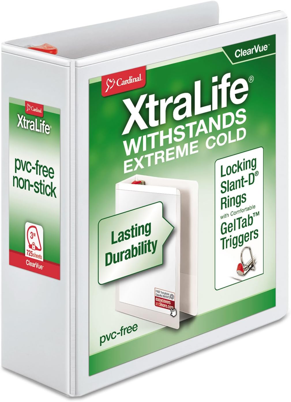 Cardinal 3 Ring Binder, 5 Inch Heavy Duty XtraLife Binder, Locking Slant-D Rings, Crack-Resistant Cover & Spine, ClearVue Covers with Shelf Pull, Holds 1,100 Sheets, White (26350)