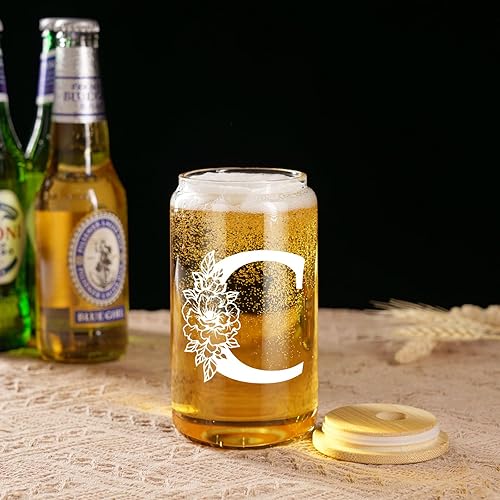 Miniatura 6 de Coolife Vaso de vidrio con inicial, regalos con monograma para mujer, tazas de vidrio de 16 onzas con tapas y pajitas, vaso de cerveza para batido