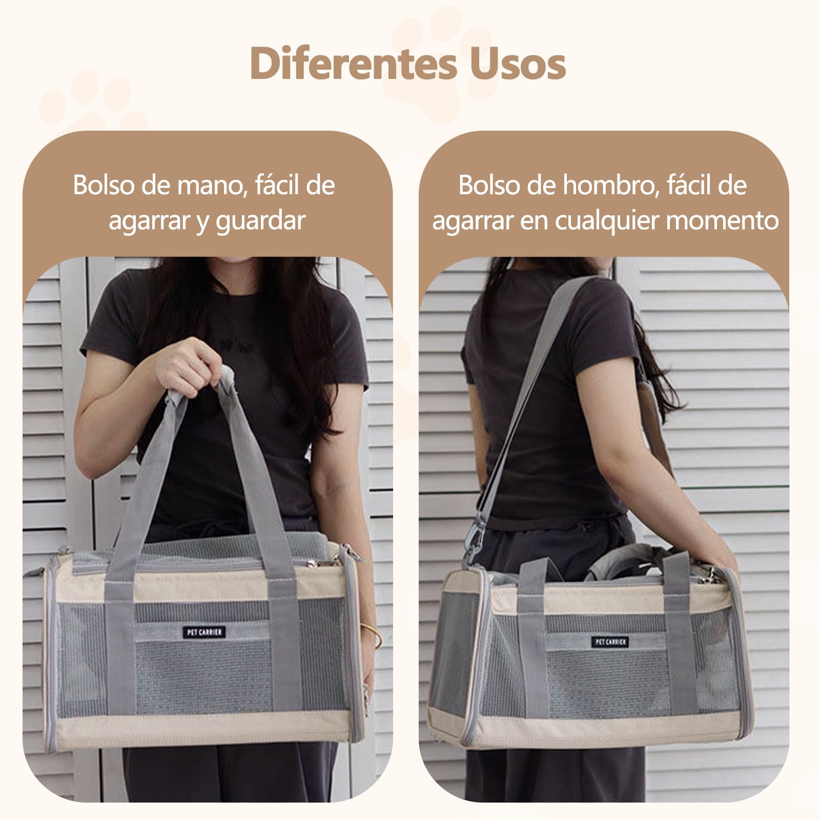Galatée Bolsa De Viaje para Mascotas, Transpirable, Ligera, Plegable, Se Puede Llevar En La Mano o Cruzada, Múltiples Aberturas, Cierre para Evitar Fugas, Incluye Bolsa De Almacenamiento (Beige)