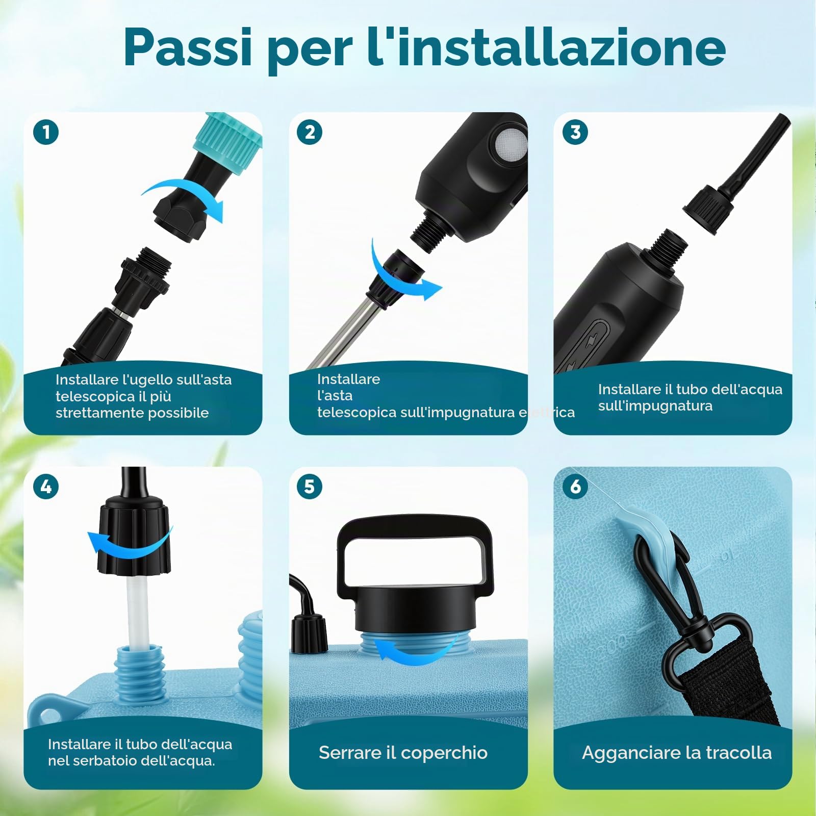 Pompa Irroratrice a Batteria 9L, Spruzzatore Elettrico, Motore Rame 1500mAh 200min, 3 Ugelli + Lancia 80cm, Ricarica USB-C, Nebulizzatore Giardino Elettrico per Piante