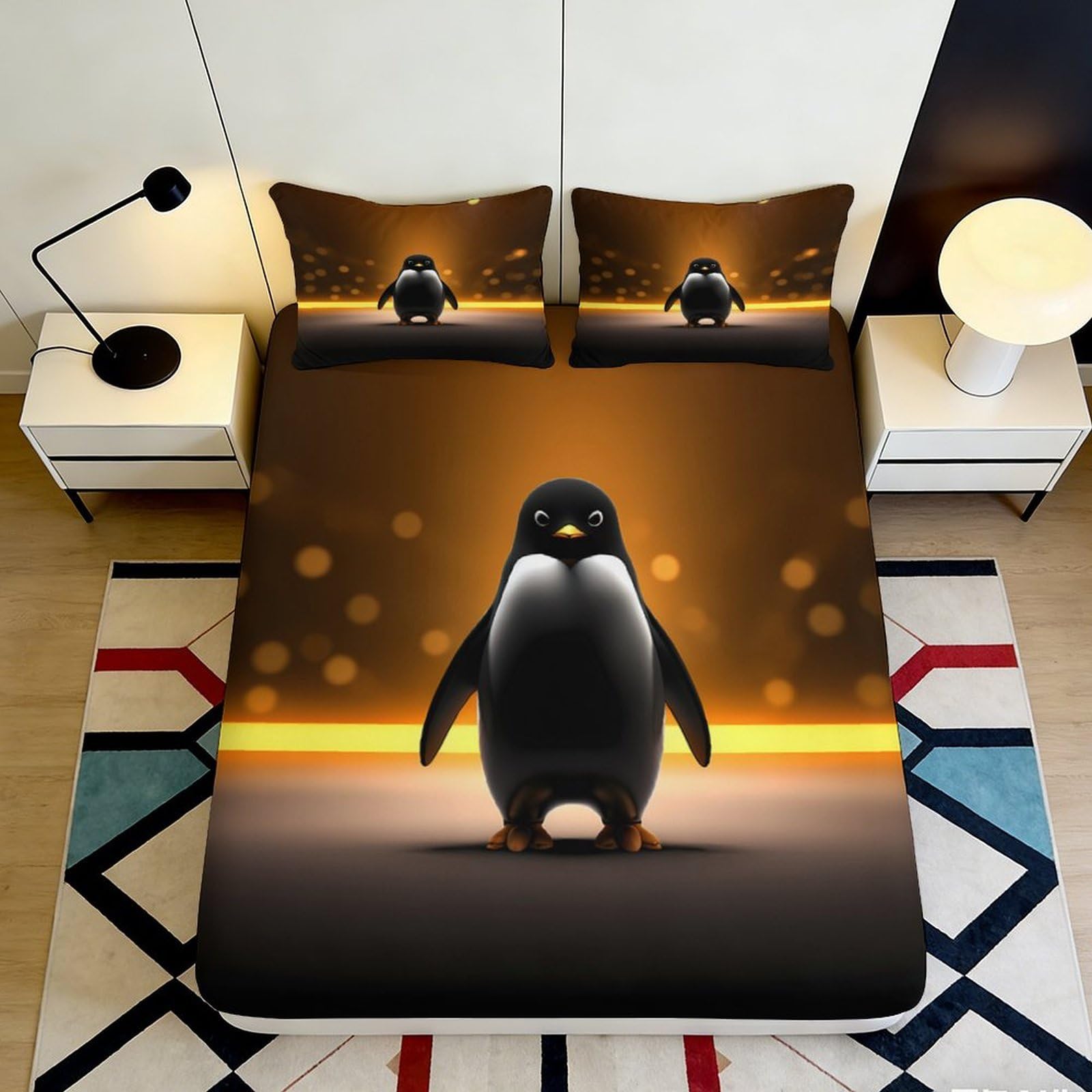 3D Printed Penguin Sunset Fitted Sheet Microfiber Soft Anti-Slip Bed Cover for Bedroom Guest Room Dorm Decor 90x200x25cm