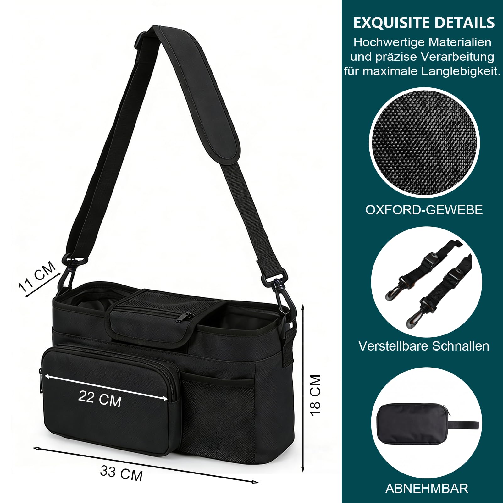 Kinderwagen Organizer Universal mit Isolierten Getränkehalter - Buggy Kinderwagentasche mit Verstellbarem Schultergurt, Wasserdichte Baby Zubehör Tasche für Windeln, Handys, Flaschen (Schwarz)