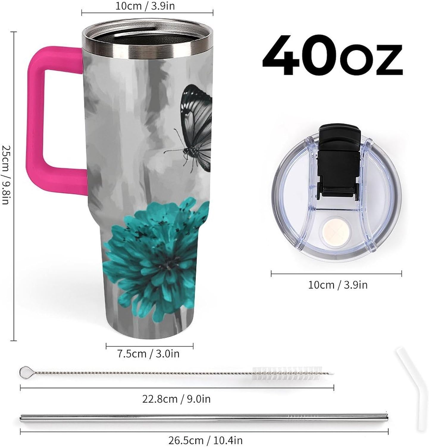 Gray Teal Flower Butterfly Tumbler 40 Oz with Handle&Lid Large Car Cup Stainless Steel Vacuum Travel Mug Insulated Water Bottle Leak-proof Portable Coffee Cup for Home Car Outdoor