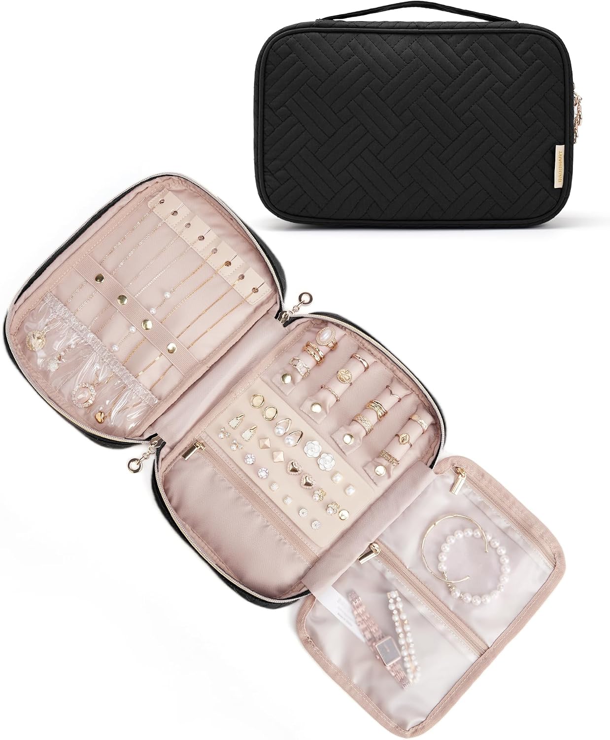BAGSMART Travel Jewelry Organizer, Travel Jewelry Case, Tangle-free Necklaces Organizers Earring storage, Travel Accessories for Women Essentials Rings Bracelets Holder Bag, Black