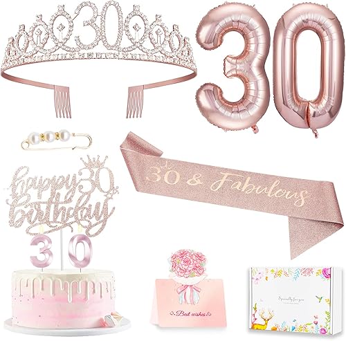 Decoraciones de 30 cumpleaños para ella, banda y corona de cumpleaños 30, decoración de pastel y velas, tarjeta desplegable, globos de números,