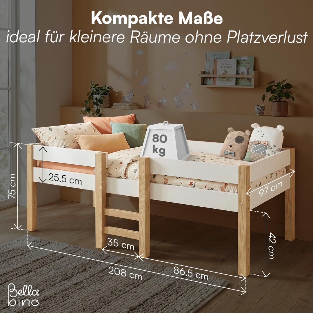 Bellabino Aspy Kinderbett 90x200 cm – Hochbett mit Rausfallschutz & Lattenrost – Halbhochbett mit Leiter aus Kiefer Massivholz in Weiß/Natur – Jugendbett für Jungen und Mädchen