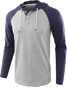 Jhsnjnr Chemises à capuches casual Henley couleur unie Raglan Sweatshirts manches longues Coton Chemise à cape pour homme