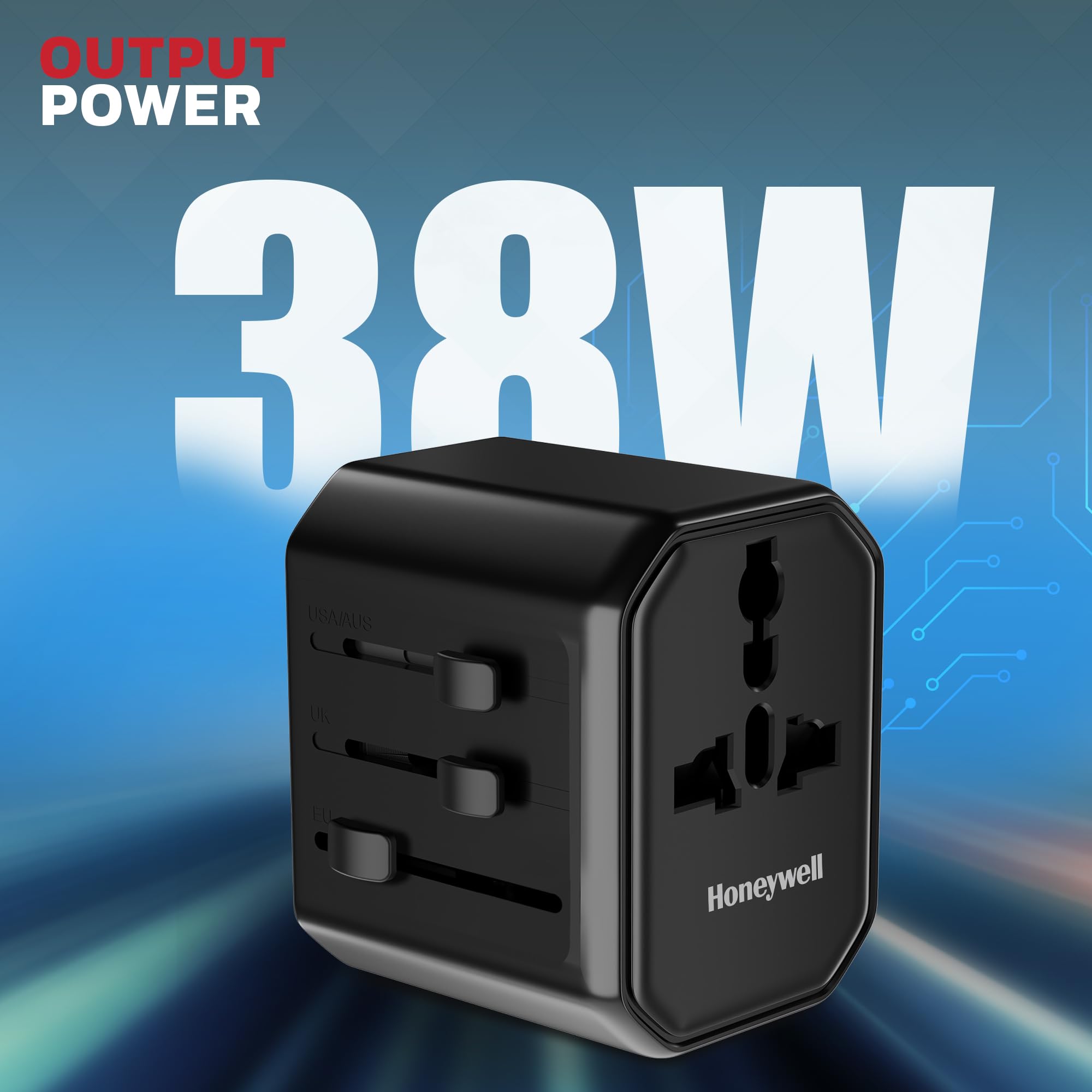 Honeywell New Launch Universal Travel Adapter 38W, 3-in-1 Fast Charging, Universal Socket, TypeC, USBA, Worldwide Wall Charger for EU,US,UK & CN/AUS, Devices, 3Yr Manufacturer Warranty — Amazon image 6