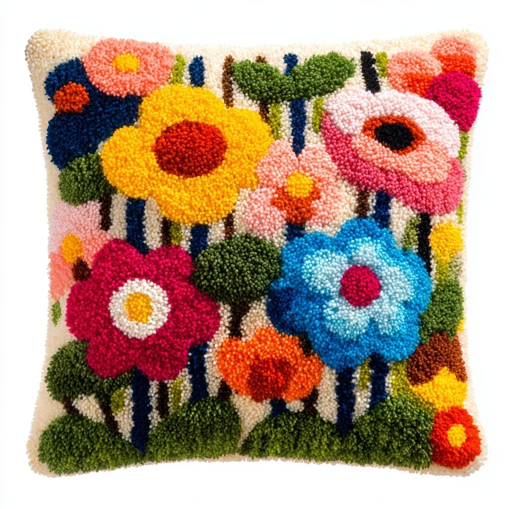 WallustrioaW DIY Latch Hook Kits,Colorful Flowers,Needlework Pillow Cover DIY Hooks Knitted Pillow Embroidery Latch Hook Cushion Kit,17x17in