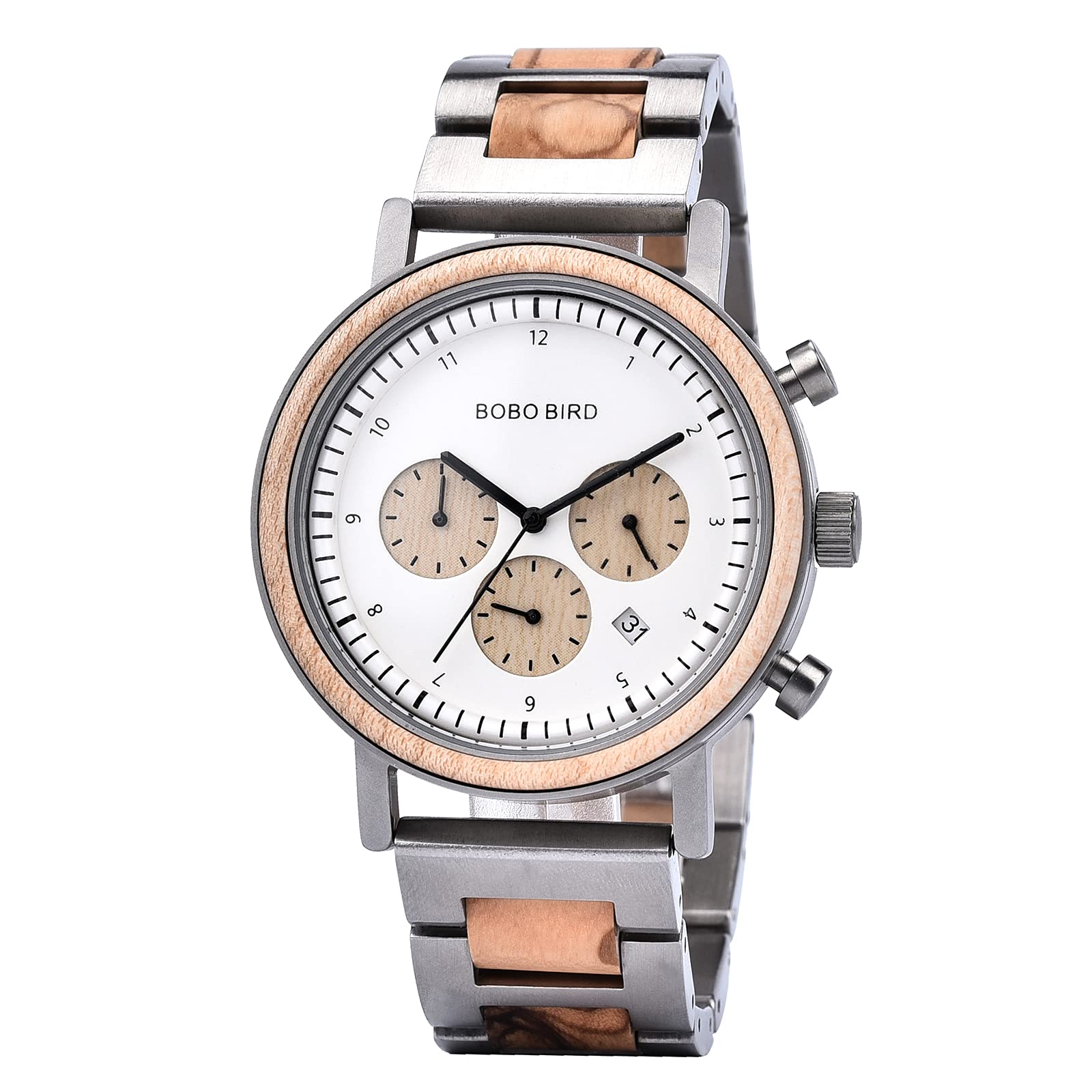 BOBO BIRD Wooden Watch for Men, Stylish Quartz Chronograph Military Casual Calendar Wood Watches Business and Sport Design Wood & Stainless Steel Combined Band Strap Wrist Watch for Men, White, Chronograph (B09C5MXDHB) Amazon Price History, Amazon Price Tracker